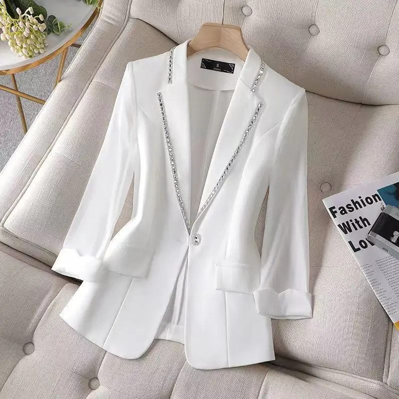

Women Lady Suit Coat Matching Chiffon Three Quarter Sleeve Thin Coat Solid Color Jacket Suit Lapel Diamond V-neck Elegant Coat