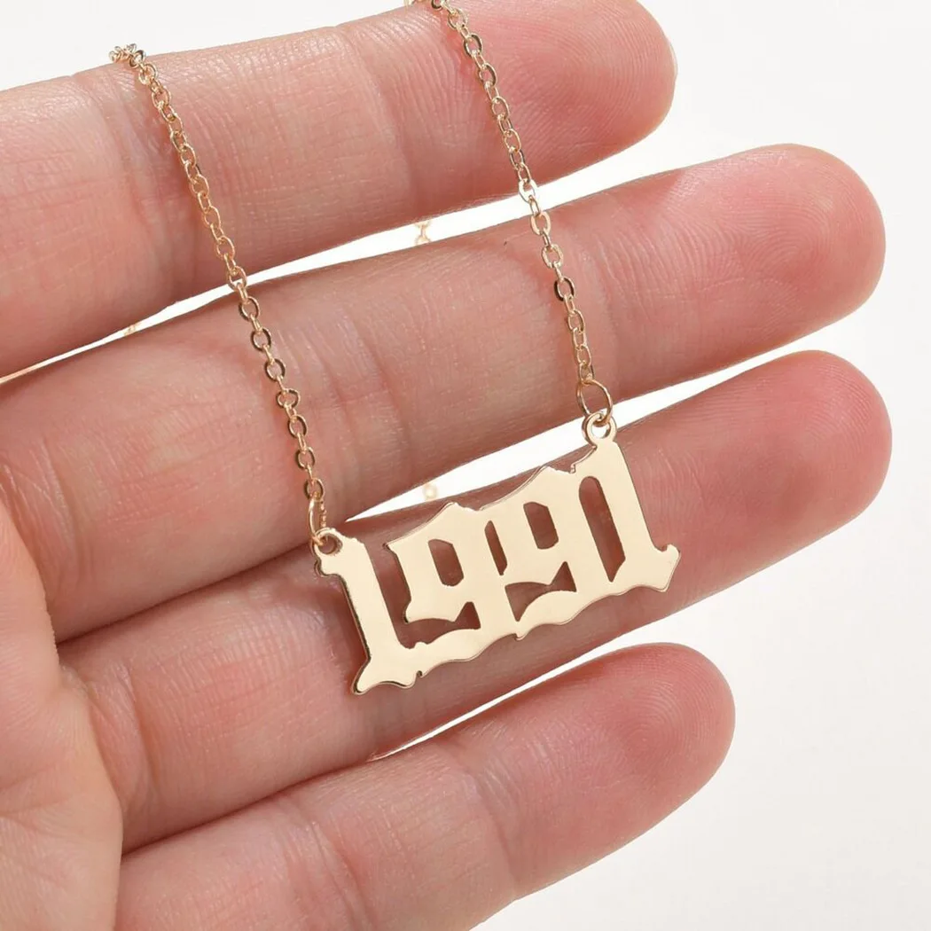 

Old English Arabic Birth Year Number Gold Stainless Steel Sweater Chain Necklace, Pictures