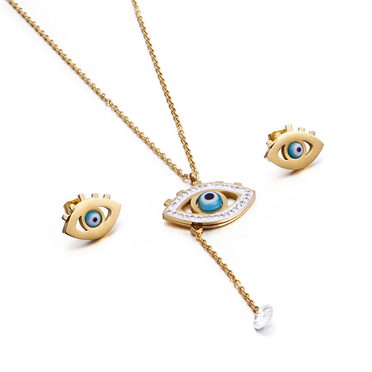 

Custom Fashion Crystal Evil Eyes Necklace Stainless Steel Earrings Women