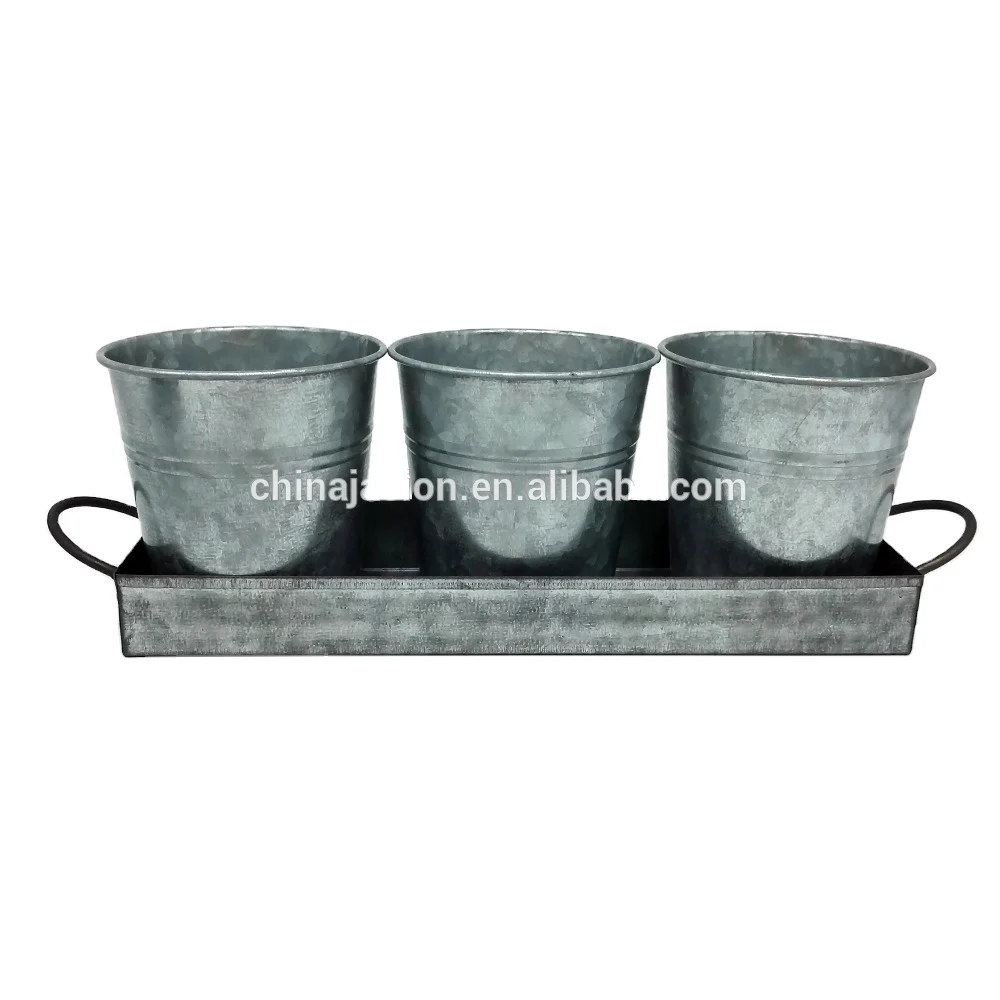 Custom Galvanized Steel Metal Herb Pots Set Of 3 Pots With Holding Tray