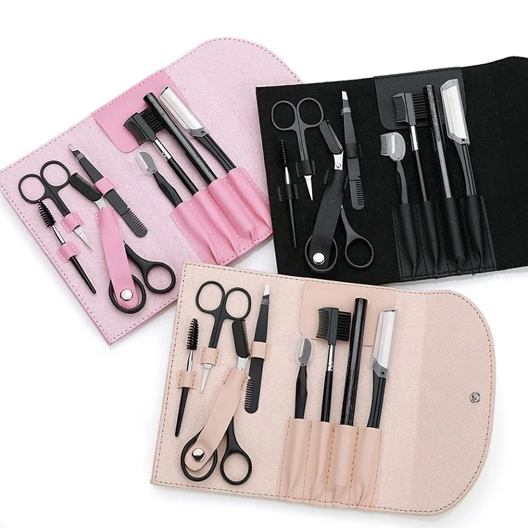 

8pcs Eyebrow Clip Knife Razor Set Black Makeup Tool Eyebrow trimmer Eyelash Scissors Brush Pencil Eyebrow Tweezers Kit, According to options