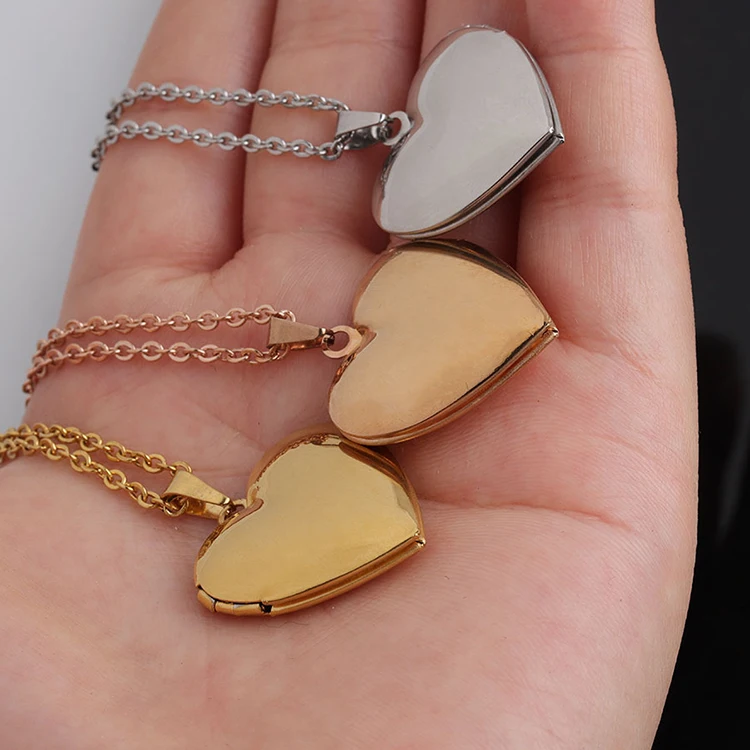 

Stainless Steel Photo Frame 45cm Chain Necklace collier coeur collier acier inoxydable Locket Pendant Heart Necklace, Gold plating