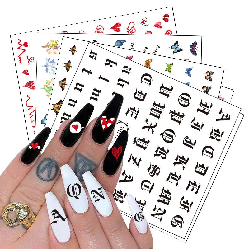 

Custom Design Gold English Letter Acrylic Nail Manicure Non-tox Decoration Retro Nail Wrap Packaging Sticker Decals, Colorful