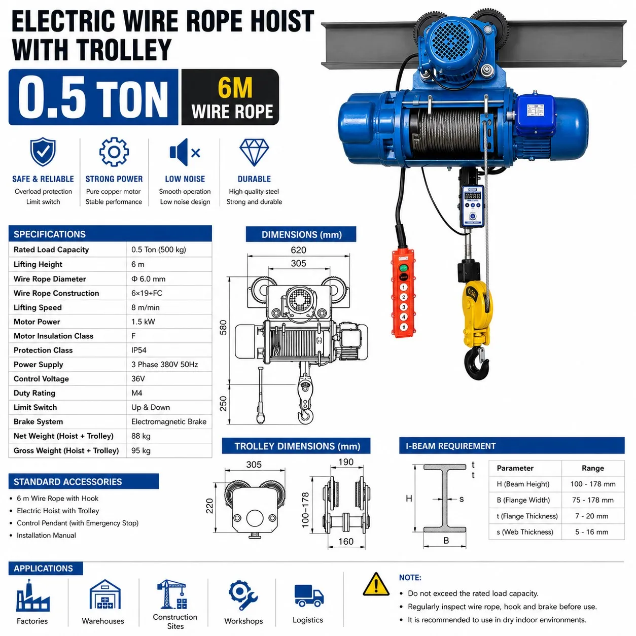 0.5 ton CD hoist technical specification sheet