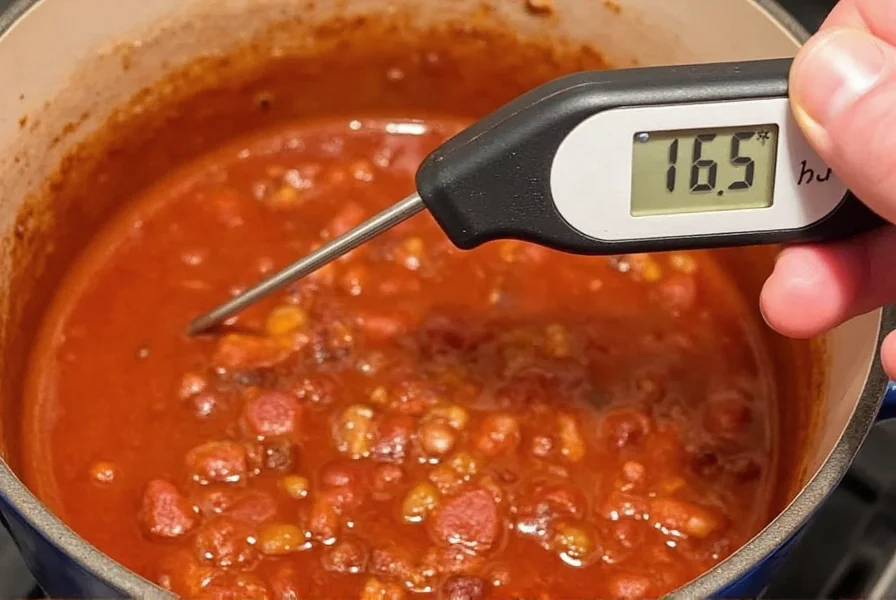 Food thermometer measuring temperature of reheated chili showing 165°F
