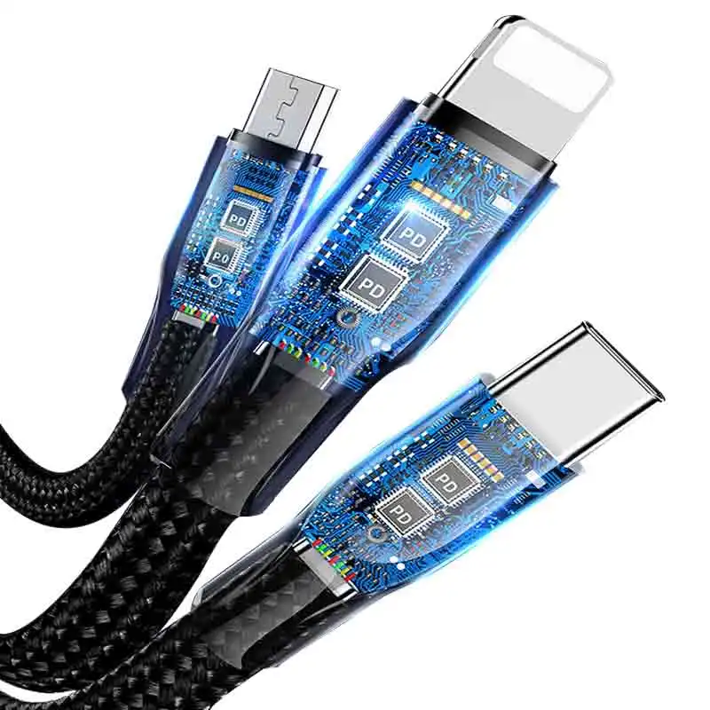 

New Design Professional OEM ODM Manufacturing Zinc Alloy Type C 8 Pin Quick Charging Micro Usb 3 In 1 Cable For iPhone, Black