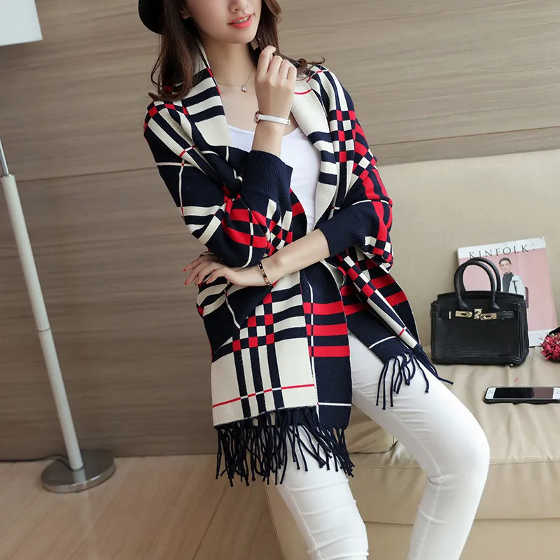 
Wholesale Small Order Stock New Stripes Cashmere Thickened Sleeve Cloak Warm Cape Shawl With Sleeves 