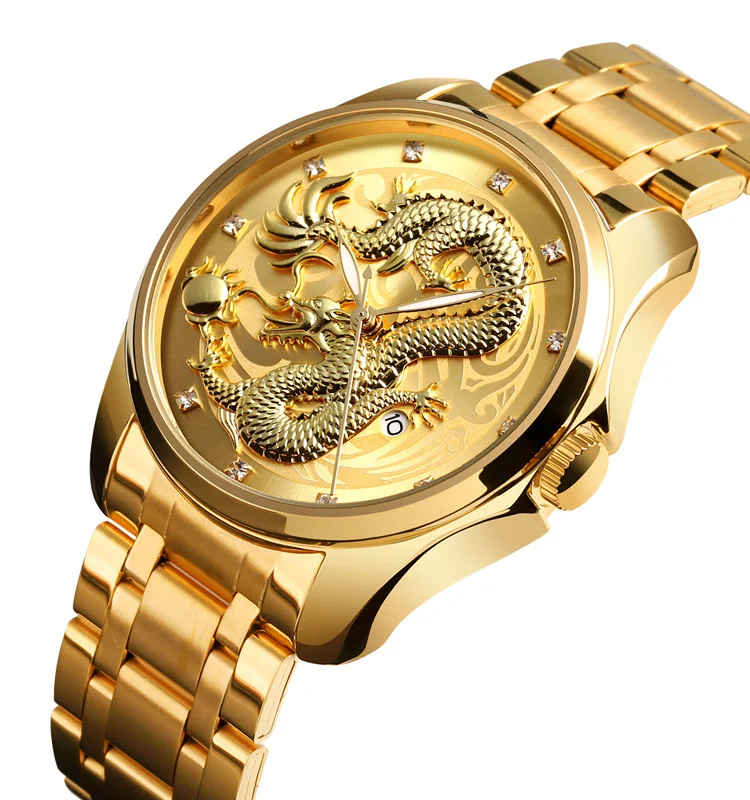 

watches men skmei 9193 water resistant wristwatch wholesale quartz watch gold dragon dial stainless steel watches, 5 colors, mix acceptable