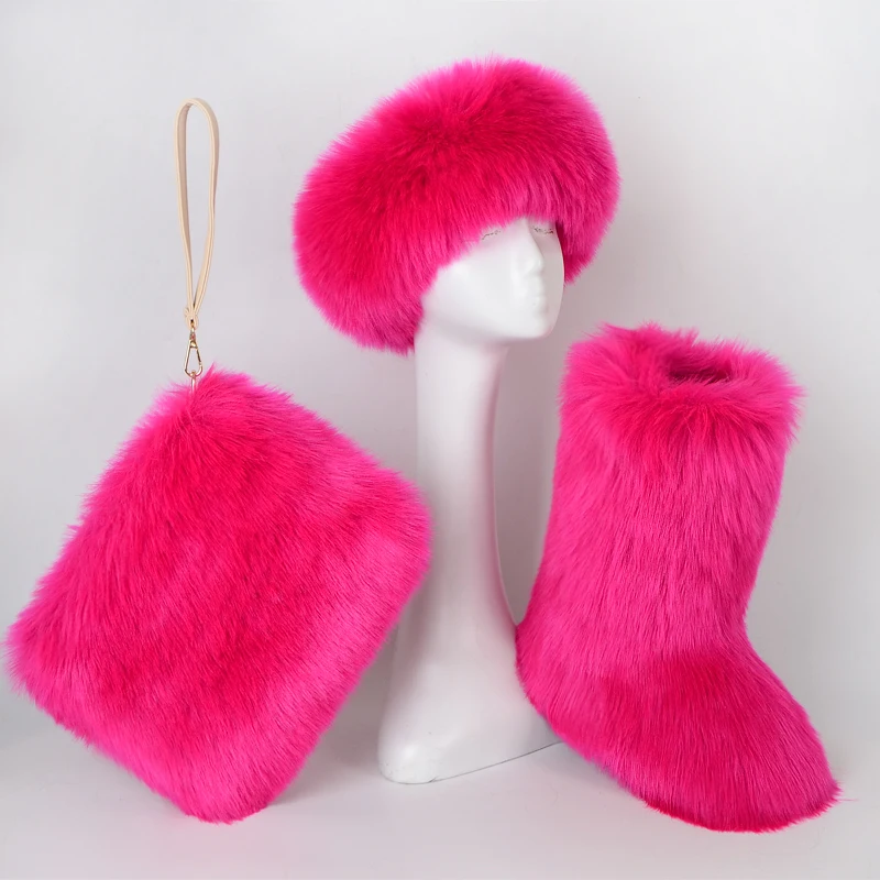 
2020 New Arrival Hot Selling Snow Kids Fur Fuzzy Boots And Purse Hat Set 