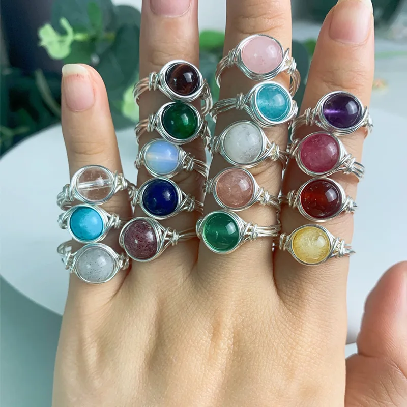 

Hand Craft Wire Wrapped Stone Circle Healing Natural Stone Amethyst Agates Lava Quartz Rings For Women, Color for choice