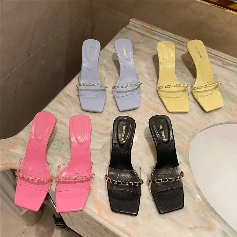 

Europe & American summer new arrival women's shoes crystal heel metal chain stiletto chic solid color party sandals in, Four colors or customized
