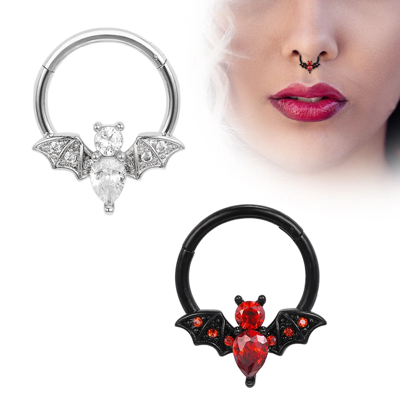 

POENNIS stainless steel nose rings 12 clear zircon red ans silver bat septum piercing jewelry big hoop nose ring, Silver,red