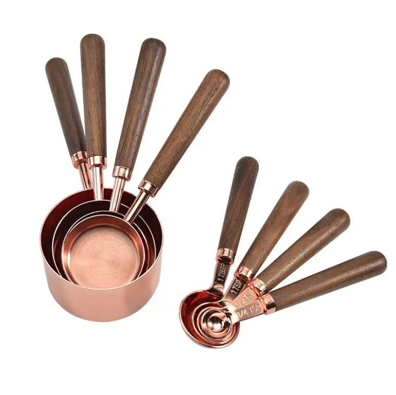 

Fast Ship Rose Gold Stainless Steel Walnut Wood Handle Measuring Cups and Spoons Set For Dry And Liquid