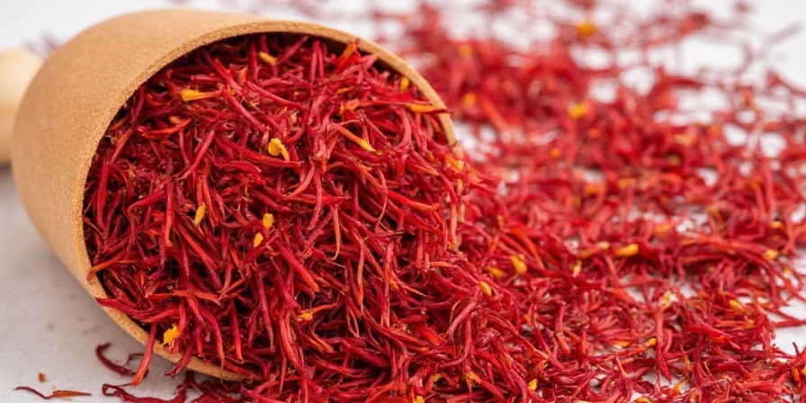 Saffron threads soaking in warm liquid, releasing golden hue