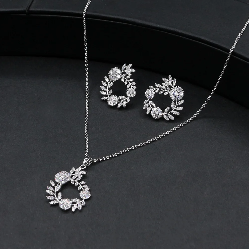 

Luxury Zircon Jewelry Leaves Necklace Earrings Ring Bracelet Women Engagement Wedding Bride Jewelry Set