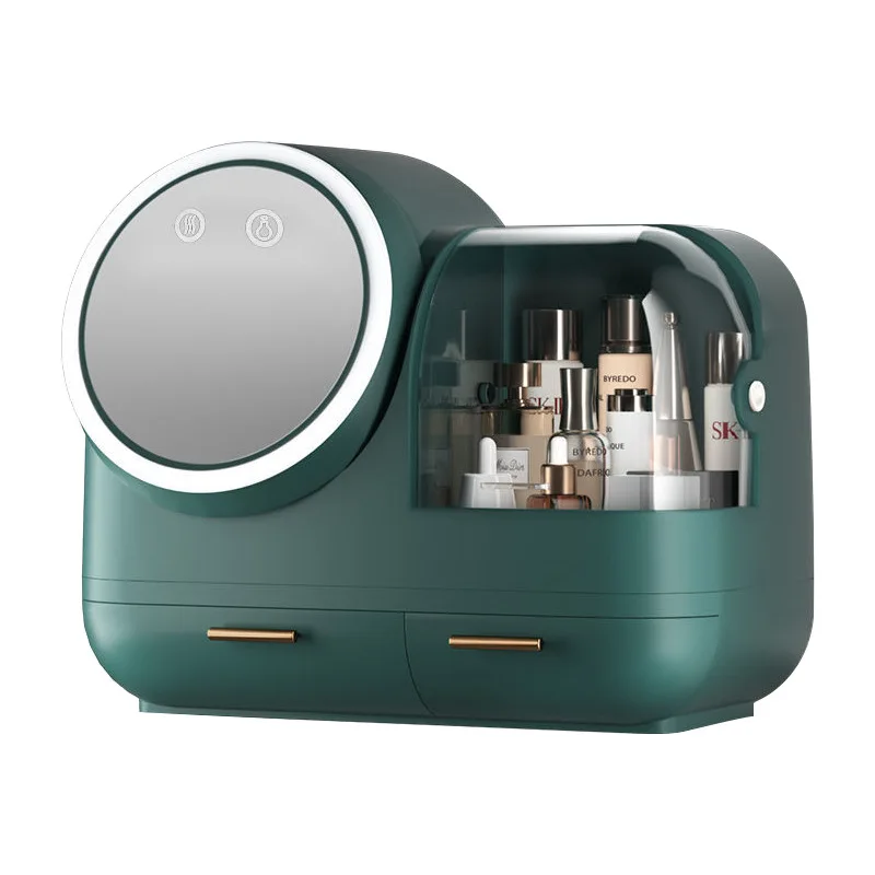 

Amazon Best Selling Cosmetics Storage Box Drawer Dust-proof Makeup Organizer With Led Mirror, 31cm tx002, White, green, pink