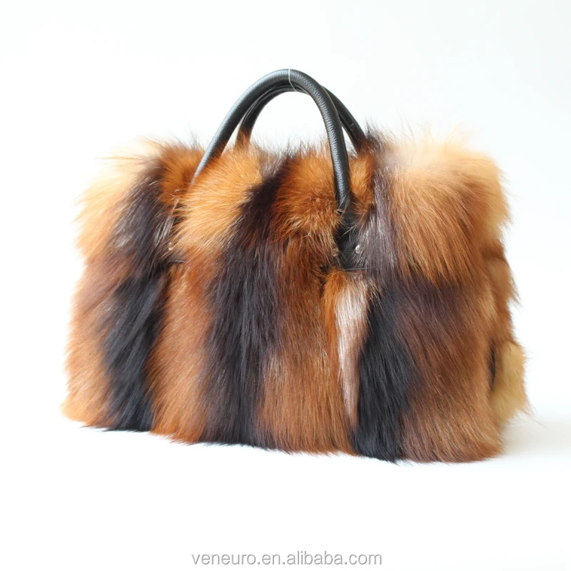 

High quality latest design women fashion handbag real fox fur tote bag for women, Colorful