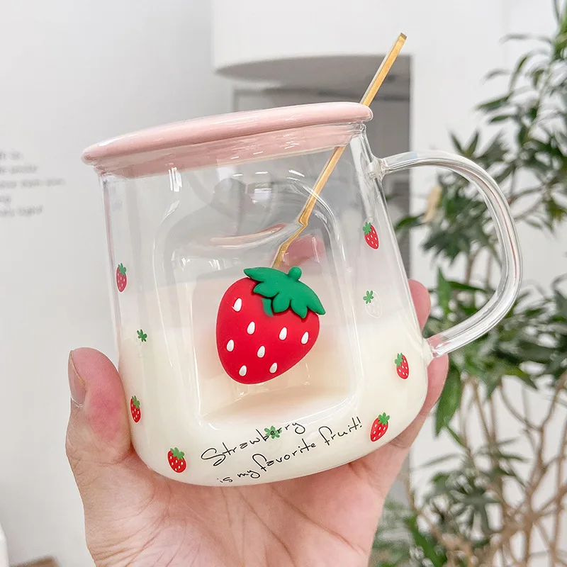 

Zogift cartoon strawberry clear large glass travel coffee milk mugs korean office flower tea water cup with lid and spoon, As pictures