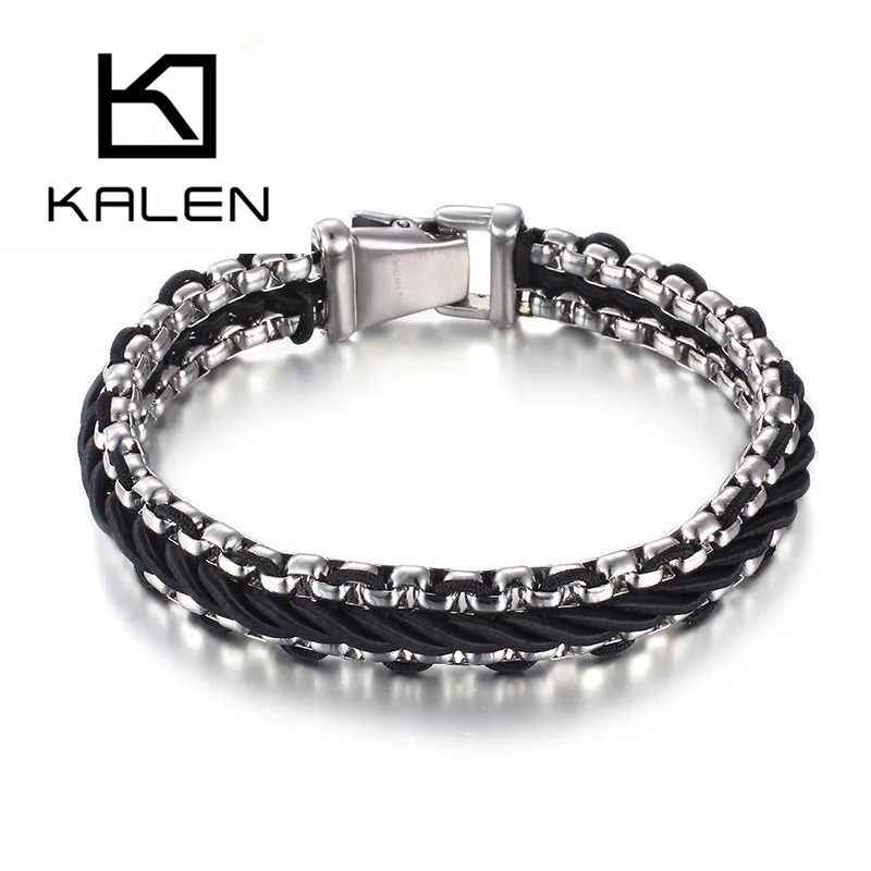 

KALEN Silver Color Stainless Steel Bangle Leather Men Bracelet