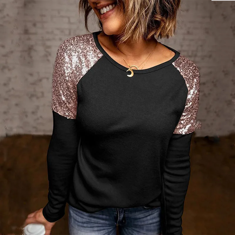 

Women's Top Sequin Stitching Blouse Round Neck Long Sleeve Casual T-shirt Tee