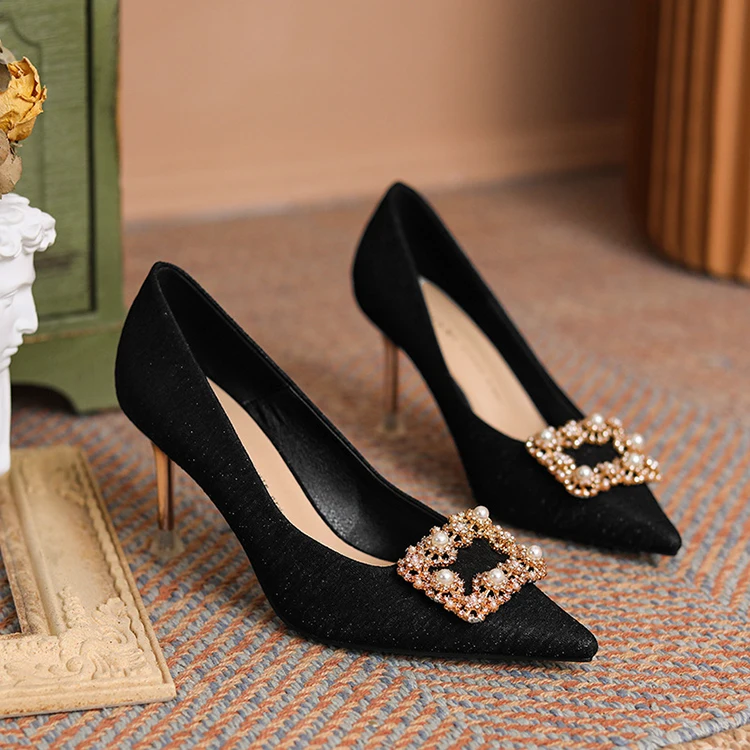 

Fashionable custom new design pointed peep toe low heel loafers pumps for women and ladies, Black khaki