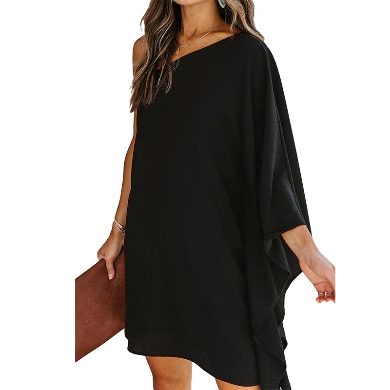 

Slant Collar Dress Women Spring and Summer Europe and America Solid Color Loose Ruffle Sexy Short Skirt Women