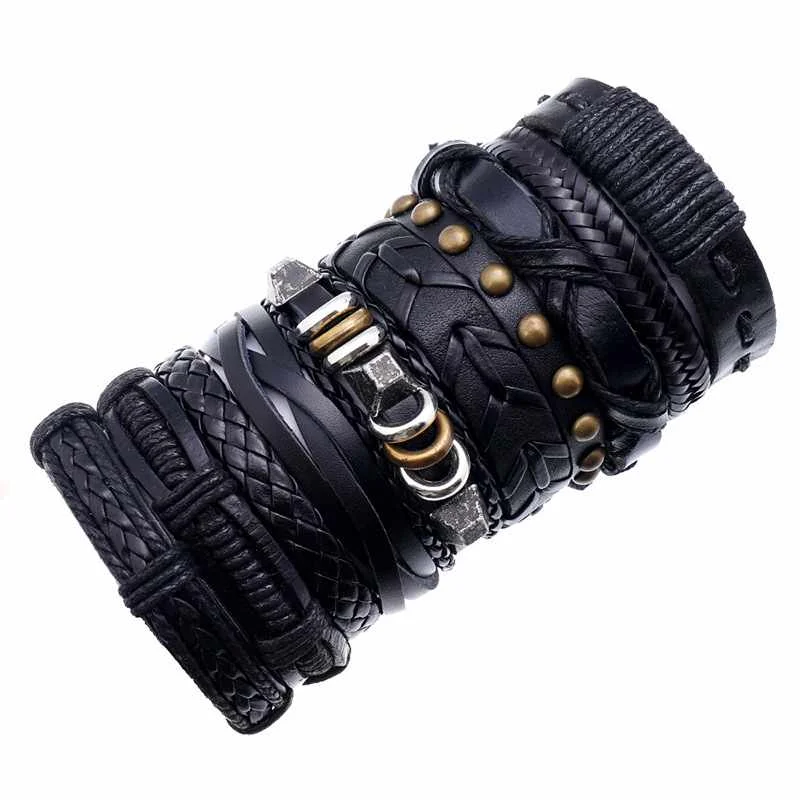 

European and American new retro cowhide layer woven DIY combination bracelet setfor Men, As photo