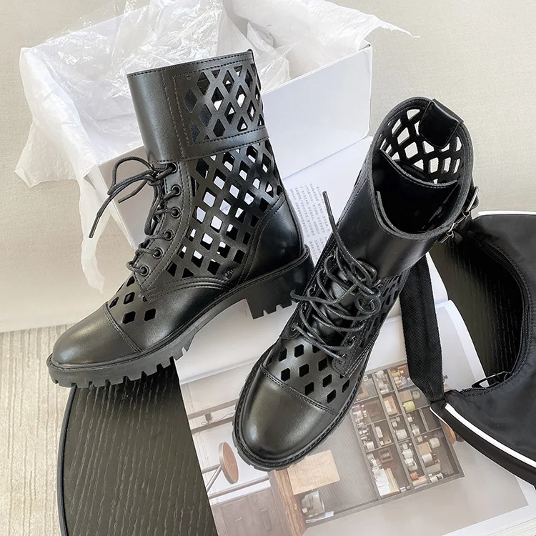 

Hollow out boots summer sexy low heel Black Mid-Calf Ankle & Bootie Lace-Up