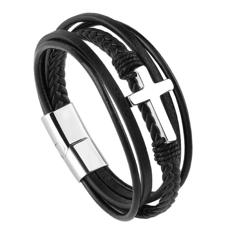 

Bestone 2023 Fashion bracelet Classic Stainless Steel Buckle Cross Black Men's Leather Bracelet