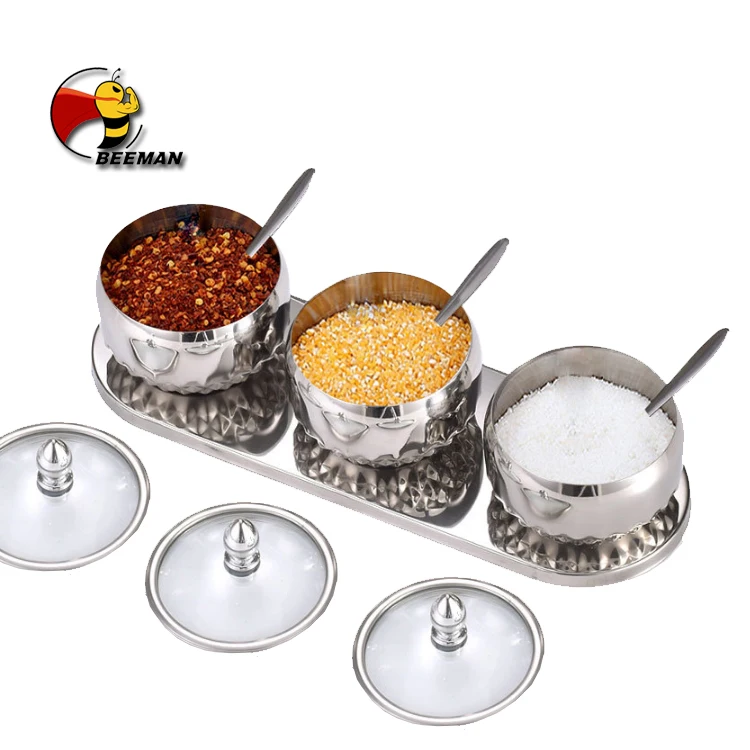 Beeman Stainless Steel Spice Rack Storage Seasoning Spoon Pot Jar Set With Glass Lid