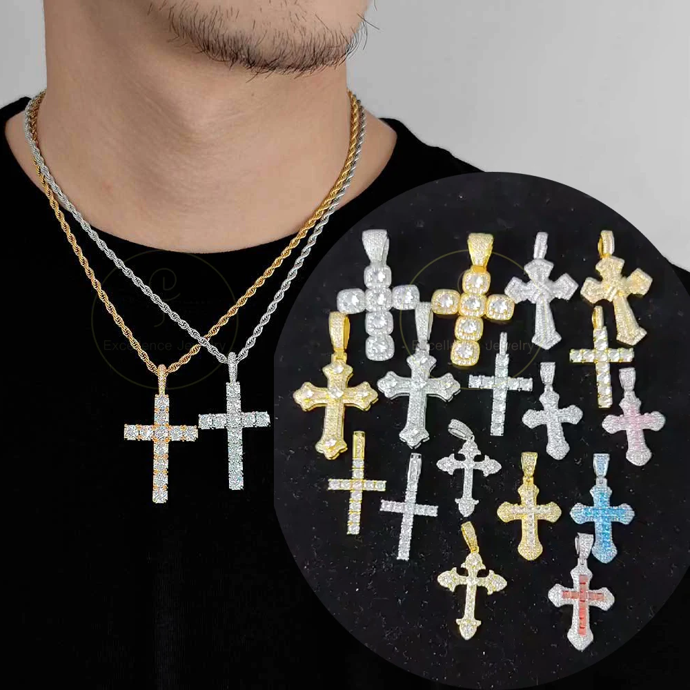 

Men Women Jewelry Religious Christ Christian Jesus Ankh 3A Zircon Diamond CZ Baguette Hip Hop Iced Out Cross Pendant Necklace