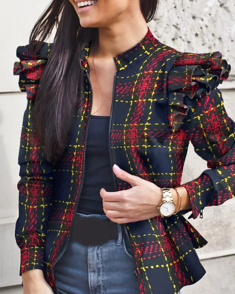 

Autumn and winter long-sleeved ruffle stitching zipper print small coat for women