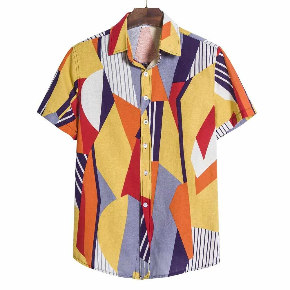 

Mens Hawaiian Shirt Summer Multi Color Patchwork Point Chest Pocket Turn Down Collar Short Sleeve Shirt, Custom color