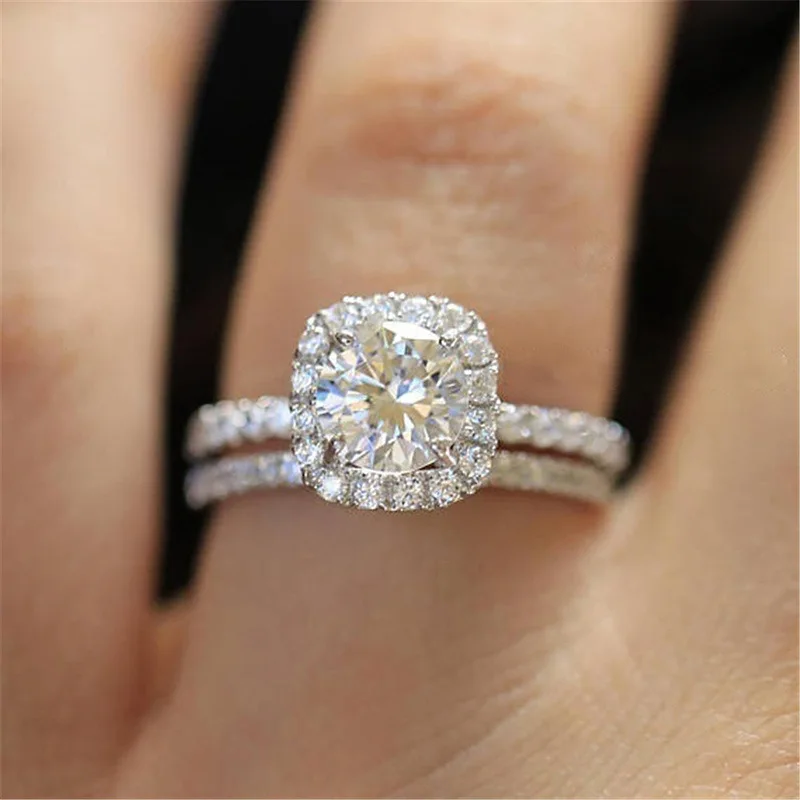 

2PC Bridal Ring with Round Brilliant Cubic Zircon Prong Setting Anniversary Engagement Wedding Rings for Women Size 6-10, Picture