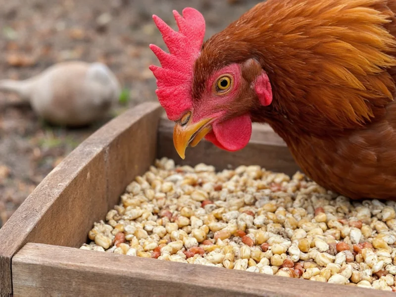 Chicken eating homemade feed from wooden feeder