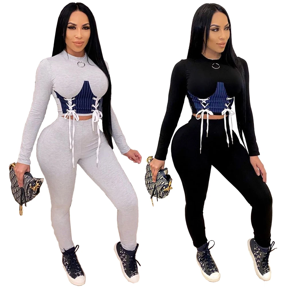 

New arrivals plus size winter women clothing long sleeve bandage patchwork corset outfit two piece pants set, Photo shows