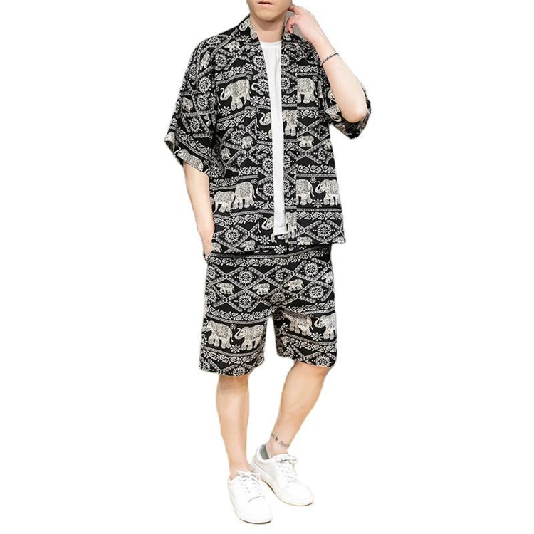 

High quality retro printed short-sleeved T-shirt men's 2 pcs set 2021 fashion casual men clothes set best selling men short set