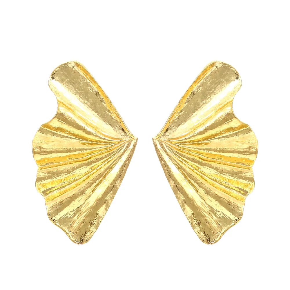 

2022 Factory Vintage Pleated Metal Leaf Earrings Exaggerated Gold Plated Fan-shaped Leaf Earrings for Women Girls