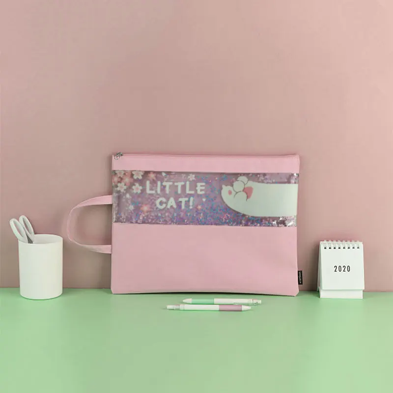 
Polyester A4 Document Bag TPU Translucent Zipper Stationery Pouch With Star Sequins Big A4 File Bag 