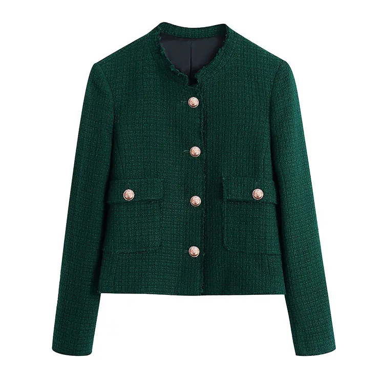 

Za2022 autumn new casual winter jacket with buckle decoration texture woolen women's coat jacket, Green