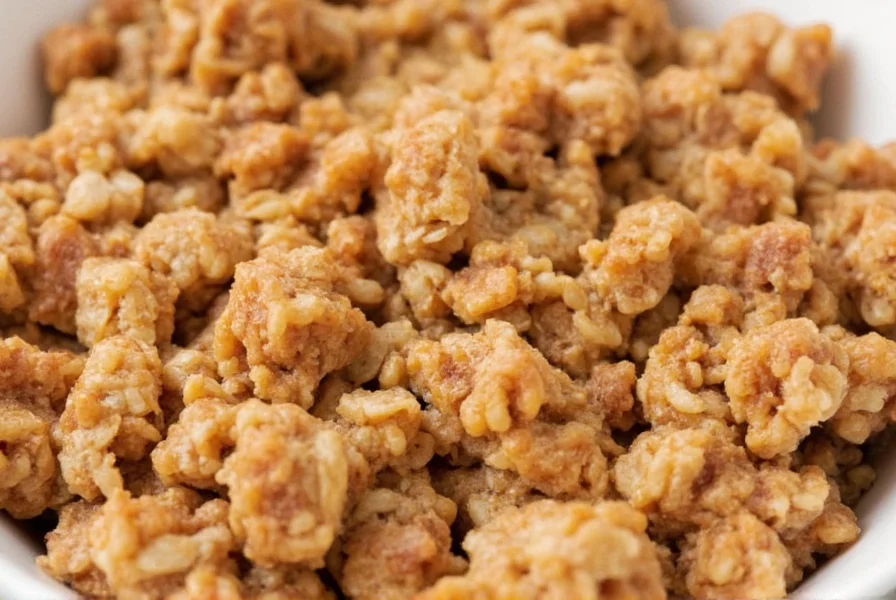 Close-up of golden brown cinnamon apple crisp topping with visible oats and cinnamon swirls