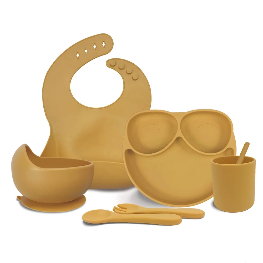 

Amazon Hot Sell Food Grade Heat-Resistant Soft Waterproof Baby Silicone Baby Bib Bowl Cup Spoon Fork Baby Feeding Set Silicone, Customized color