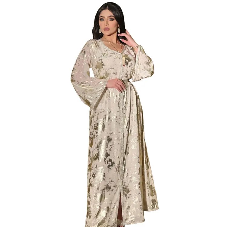 

GH-139 2021 Autumn New Muslim Bronzing Robe 2 Piece Women Muslim Dress Set Dubai Abaya With Belt