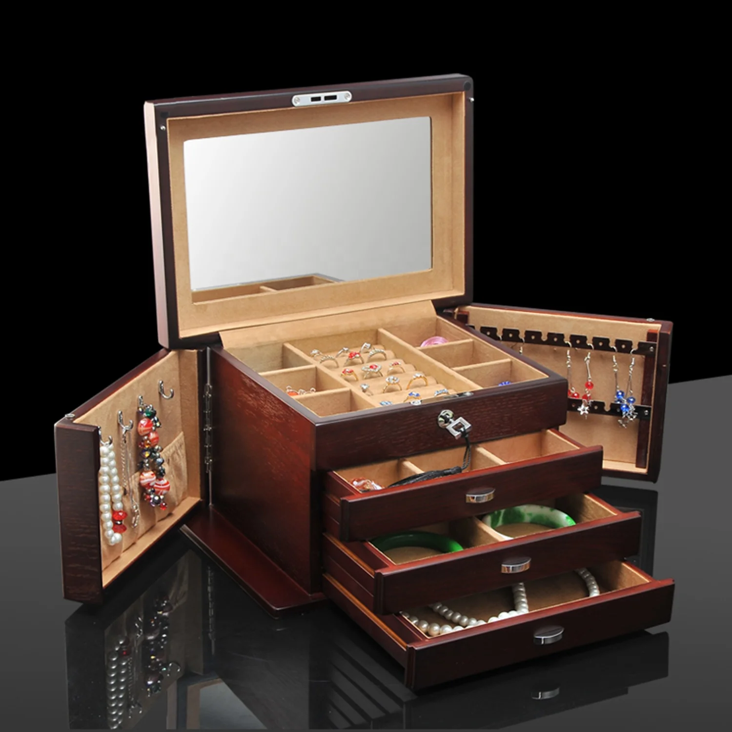 

Multi-function luxury wood jewellery storage box organizer with mirror