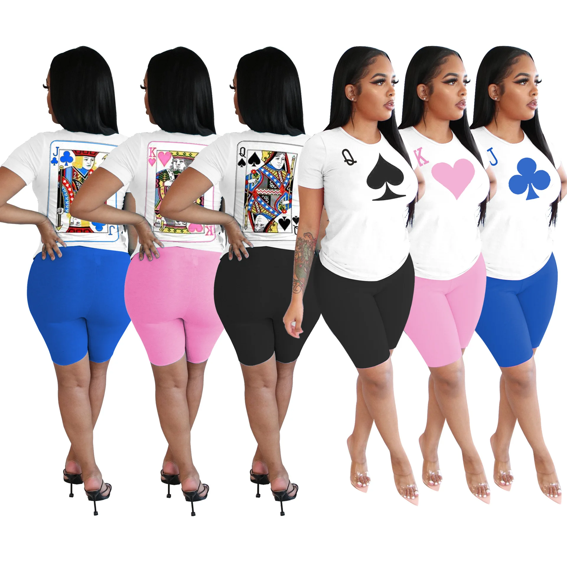 

2020 Summer Women Short Sets Poker Cards Printed Tops and Shorts Striped Outfits 2 Piece Casual Two Piece Matching Set, Candy color
