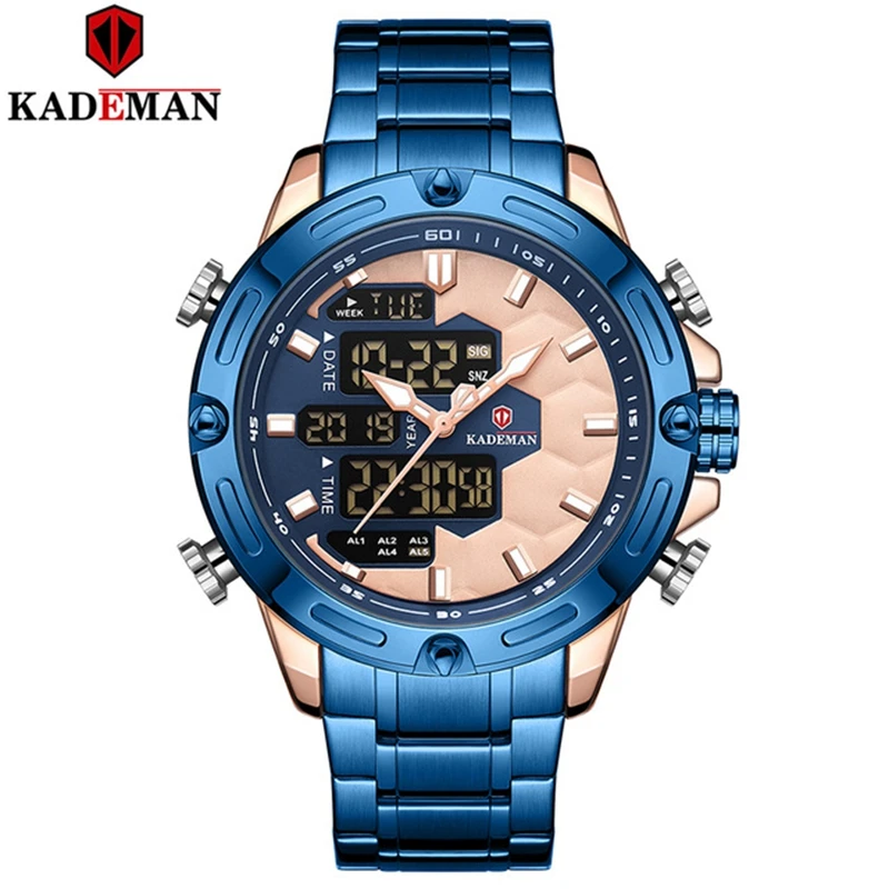 KADEMAN 9070 Luxury Men Watches Military Stainless Steel Waterproof Sports Date Week Year Digital Quartz Dual Display Watch Male