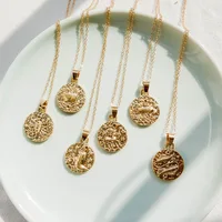 

Fashion Jewelry 12 Zodiac Image Sign Solid Golden Coin Pendant Necklace Chain Link Necklaces For Women