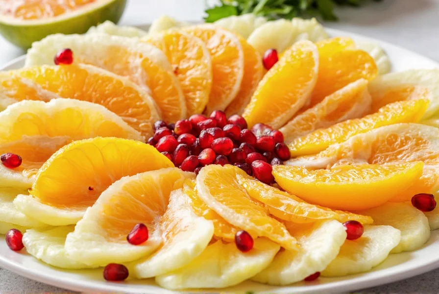 Thinly sliced fennel and orange segments arranged in circular pattern with pomegranate seeds
