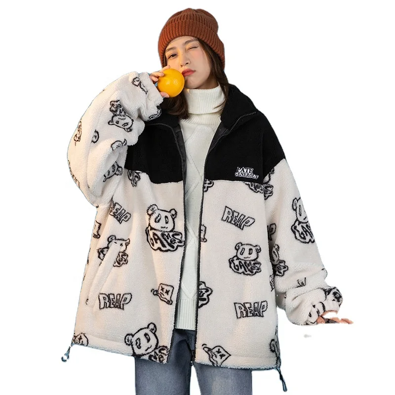 

2021 Winter New Women'S Patchwork Stand Collar Fluffy Coat Contrast Color Cartoon Bear Pattern Warm Jacket