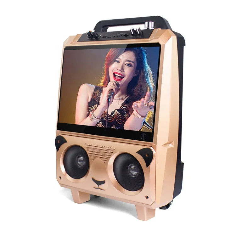 

Panda shape Karaoke display screen Plaza dancing Video speaker with trolley wheel, Pink and yellow